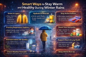 smart ways to stay warm and healthy during winter rains, featuring tips on layering clothes, hydration, indoor exercise, respiratory hygiene, clean indoor air, boosting immunity, supporting heart and lung health, sleep, and weather awareness.