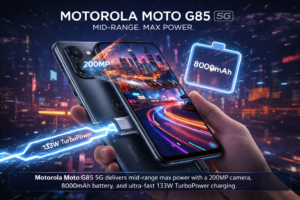 Motorola Moto G85 5G smartphone showcasing 200MP camera, 8000mAh battery, and 133W fast charging in a futuristic city backdrop.
