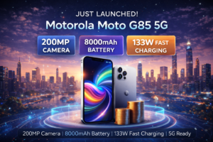 Motorola Moto G85 5G smartphone showcasing 200MP camera, 8000mAh battery, and 133W fast charging in a futuristic city backdrop.