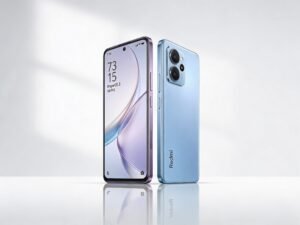 Front and side view of Redmi Note 15 5G in Mist Purple and Glacier Blue showing its slim 7.35mm curved AMOLED display design.