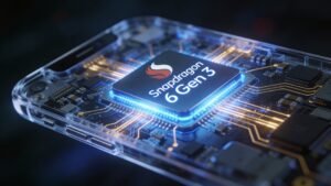 3D visualization of Snapdragon 6 Gen 3 chipset inside the Redmi Note 15 5G representing high speed 5G performance.