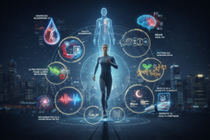 Futuristic health infographic showing a fit woman running with holographic visuals highlighting 2026 wellness trends like AI health, brain health, muscle longevity, and advanced blood tests.