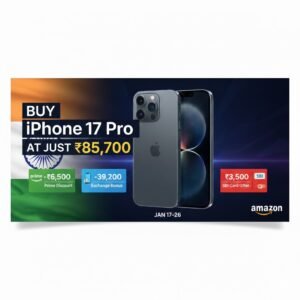 A sleek, high-end iPhone 17 Pro with a refined titanium finish and advanced triple-camera system, displayed on a professional tech background with an Amazon Republic Day Sale 2026 promotional banner.
