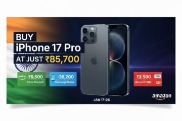 A sleek, high-end iPhone 17 Pro with a refined titanium finish and advanced triple-camera system, displayed on a professional tech background with an Amazon Republic Day Sale 2026 promotional banner.
