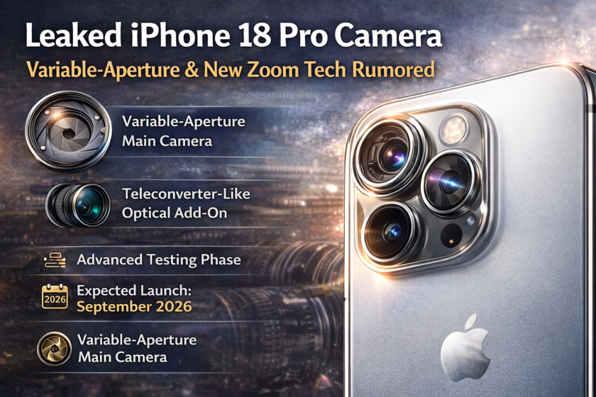 Leaked iPhone 18 Pro camera showing triple-lens setup with variable aperture and rumored teleconverter-style optical zoom, expected to launch in 2026.