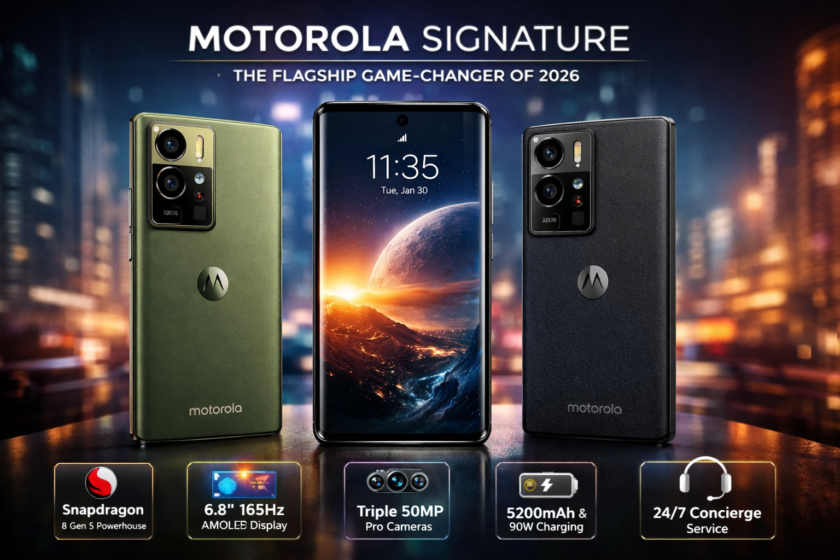 Motorola Signature flagship smartphone 2026 showing slim design, triple 50MP camera, AMOLED display, and premium Pantone colors in a futuristic city backdrop
