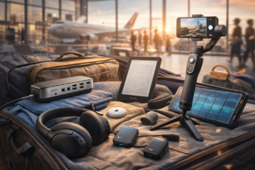 Must-have travel gadgets 2026 including charging station, Kindle e-reader, noise-cancelling headphones, gimbal, AirTag, and solar charger arranged on a suitcase at an airport
