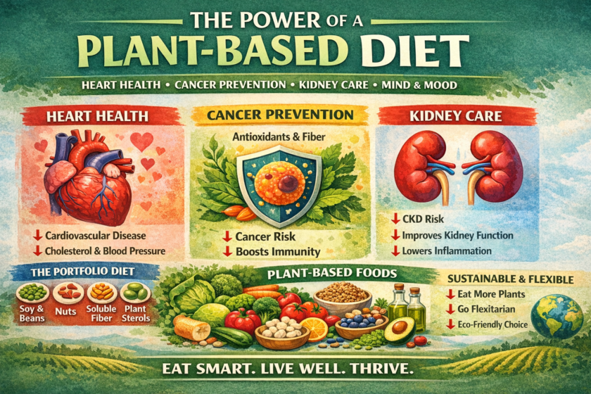 the health benefits of a plant-based diet, including heart health, cancer prevention, kidney care, gut and brain health, and sustainable eating, with colorful illustrations of fruits, vegetables, legumes, nuts, and whole grains