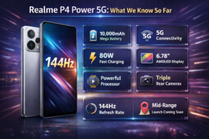Realme P4 Power 5G smartphone with 6.78-inch AMOLED display, 144Hz refresh rate, 10,000mAh battery, 80W fast charging, triple rear cameras, and 5G connectivity