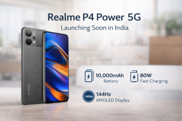 Realme P4 Power 5G smartphone featuring a large AMOLED display and triple rear camera in a rectangular promotional image.