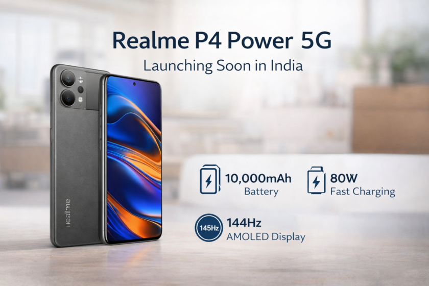 Realme P4 Power 5G smartphone featuring a large AMOLED display and triple rear camera in a rectangular promotional image.