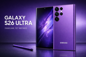 Samsung Galaxy S26 Ultra in Cobalt Violet with a sleek boxy design, AMOLED display, triple rear cameras, and matching S Pen on a purple gradient background.