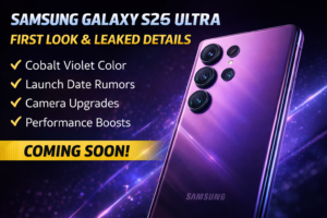Samsung Galaxy S26 Ultra in Cobalt Violet showing rear camera design and leaked performance upgrades
