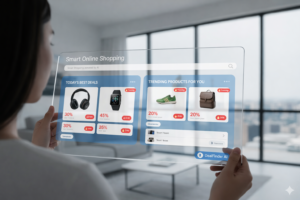 Smart online shopping interface showing best deals, trending products, and AI-powered shopping